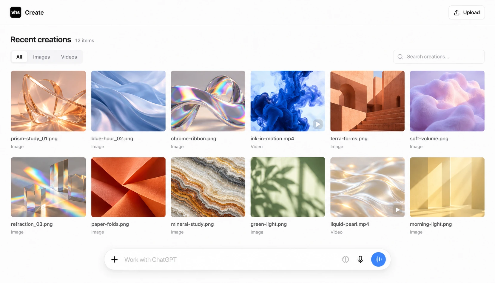 VHS Create with a gallery of abstract image and video studies, realistic filenames, and the ChatGPT input bar.