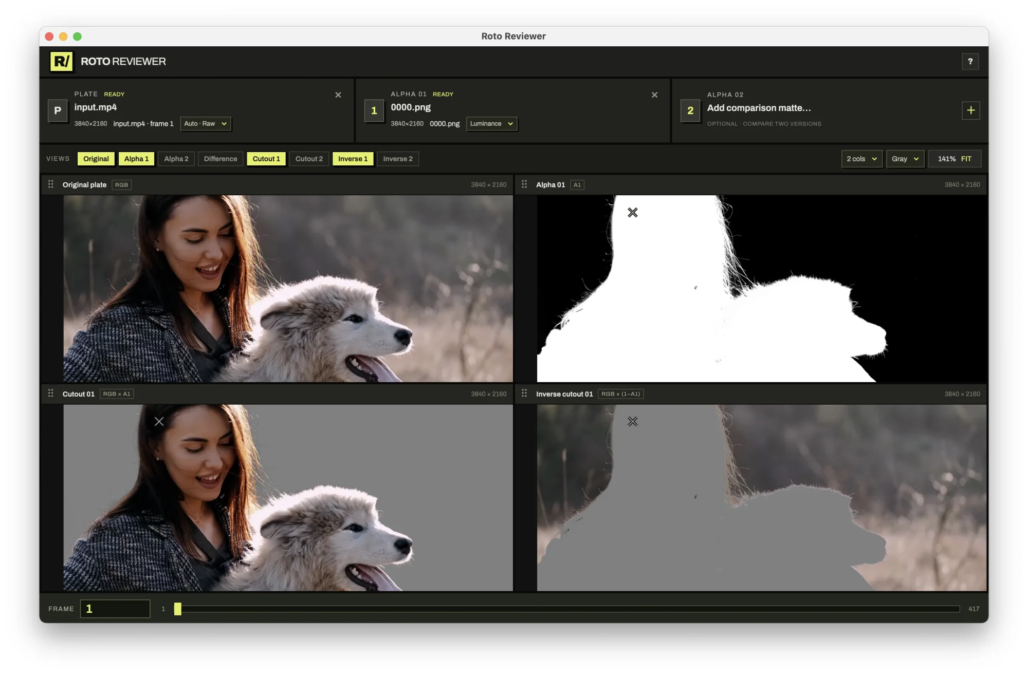 Roto Reviewer showing a 4K plate of a woman and a dog, its alpha matte, the cutout and the inverse cutout in a synchronized two-column grid, with a frame slider below.